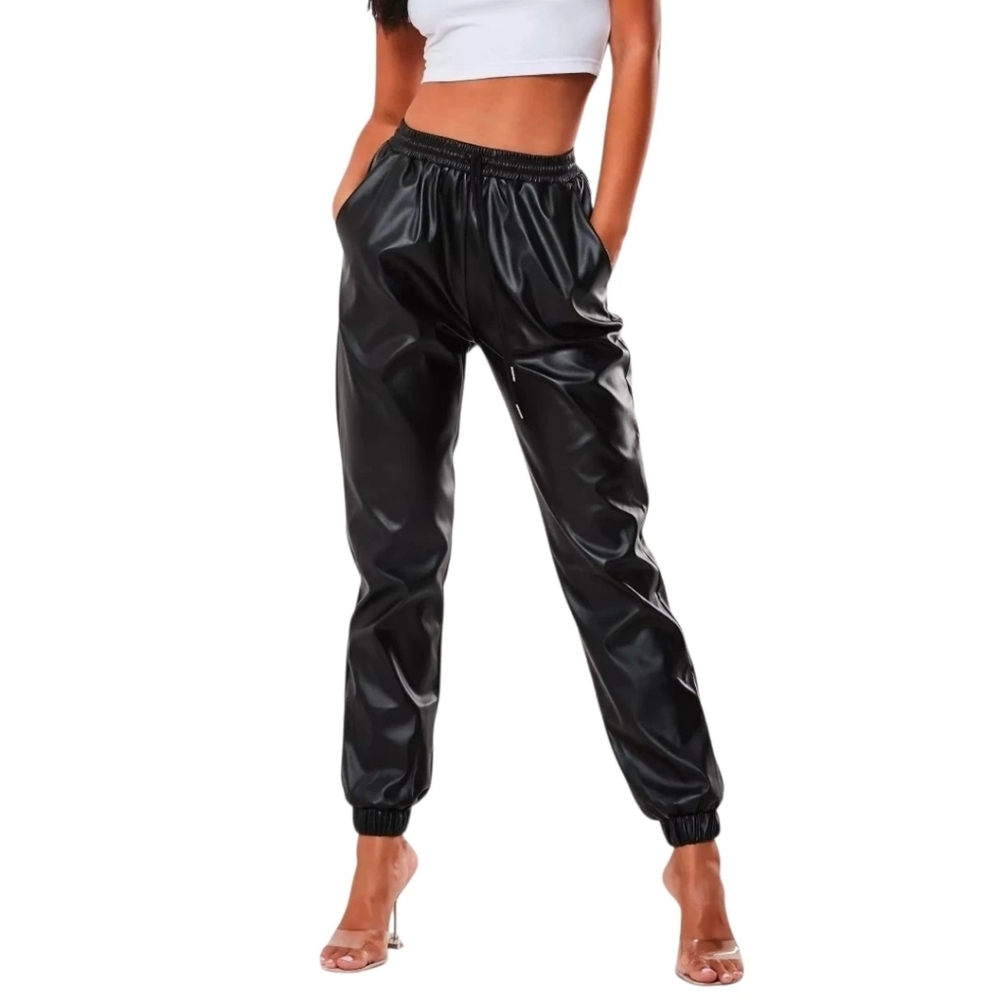 Missguided Black Faux Leather Jogger Pants